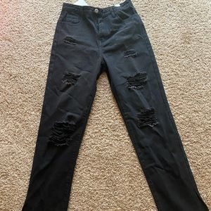 Ripped Straight Black Jeans With Split Hem